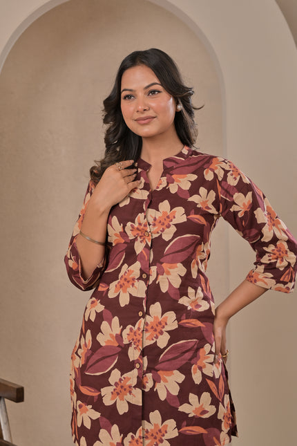 Maroon Floral Printed Kurta Pant Co-Ord Set for Women | Elegant Ethnic Kurti Set