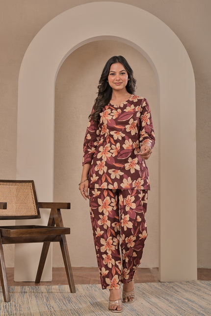 Maroon Floral Printed Kurta Pant Co-Ord Set for Women | Elegant Ethnic Kurti Set