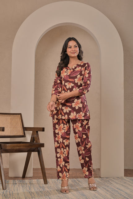 Maroon Floral Printed Kurta Pant Co-Ord Set for Women | Elegant Ethnic Kurti Set