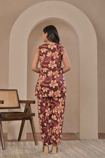 Women’s Maroon Floral Sleeveless Kurta Pant Co-Ord Set.
