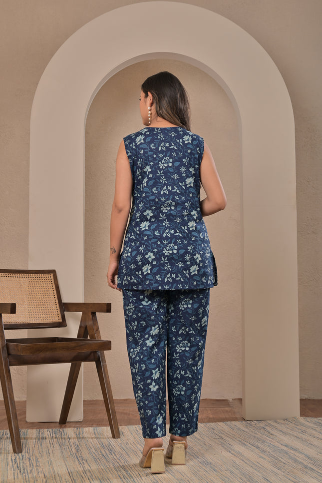 Navy Blue Floral Sleeveless Kurta Pant Set for Women