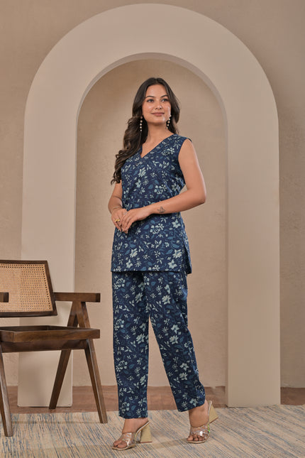 Navy Blue Floral Sleeveless Kurta Pant Set for Women
