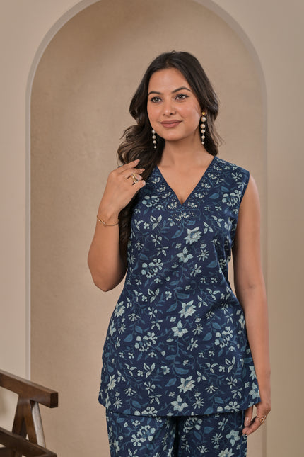 Navy Blue Floral Sleeveless Kurta Pant Set for Women