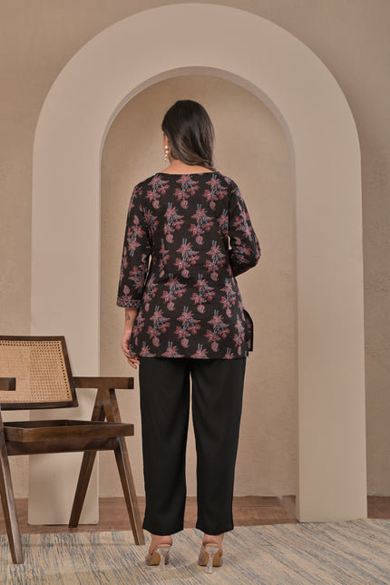 Black Floral Printed Kurta Pant Set for Women