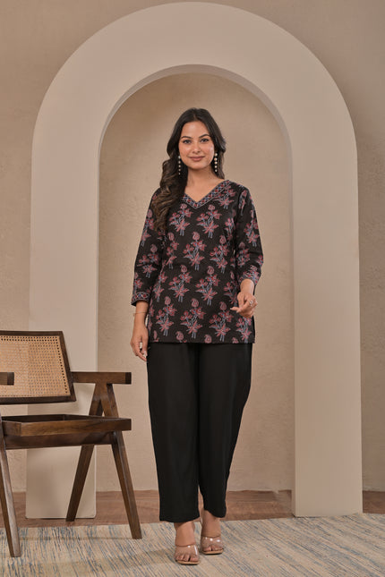 Black Floral Printed Kurta Pant Set for Women
