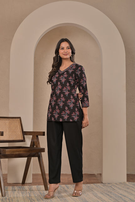 Black Floral Printed Kurta Pant Set for Women
