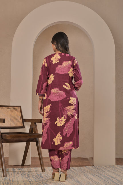 Wine Printed Kurta Pant Set for Women