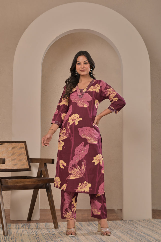 Wine Printed Kurta Pant Set for Women