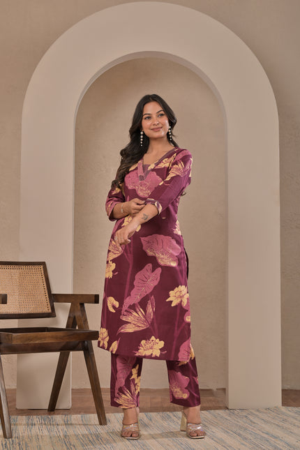 Wine Printed Kurta Pant Set for Women