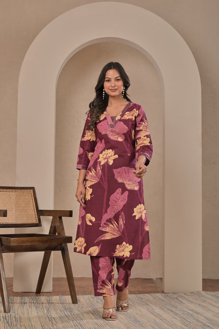 Wine Printed Kurta Pant Set for Women
