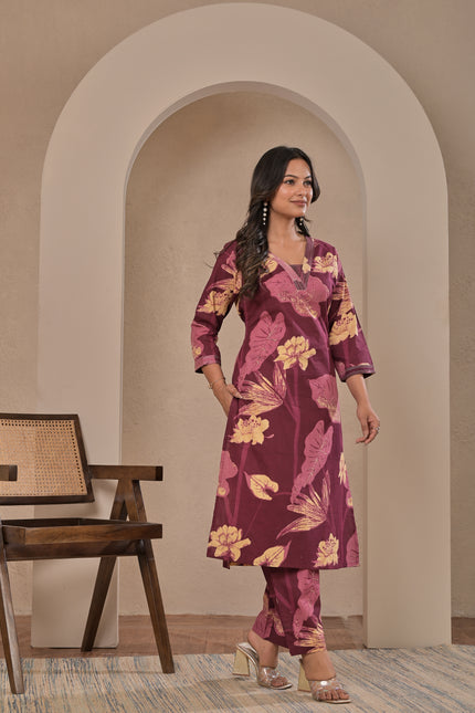 Wine Printed Kurta Pant Set for Women