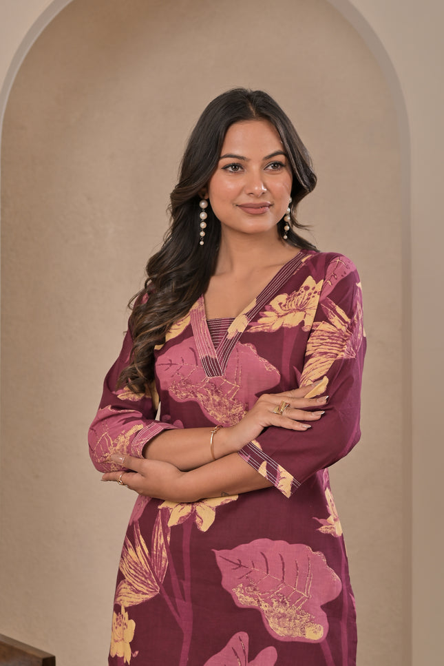Wine Printed Kurta Pant Set for Women