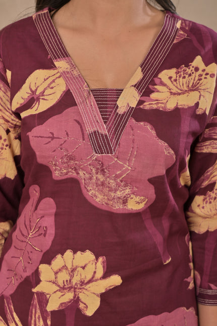 Wine Printed Kurta Pant Set for Women