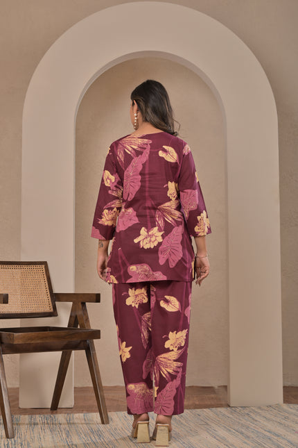 Wine Floral Straight Kurta Pant Set for Women