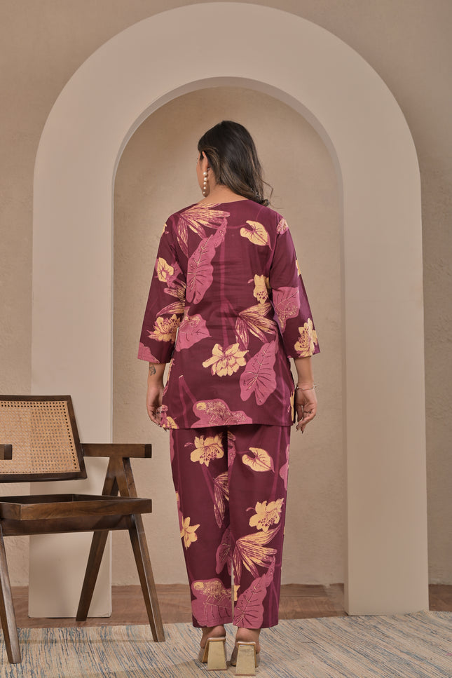 Wine Floral Straight Kurta Pant Set for Women