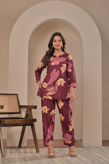 Wine Floral Straight Kurta Pant Set for Women
