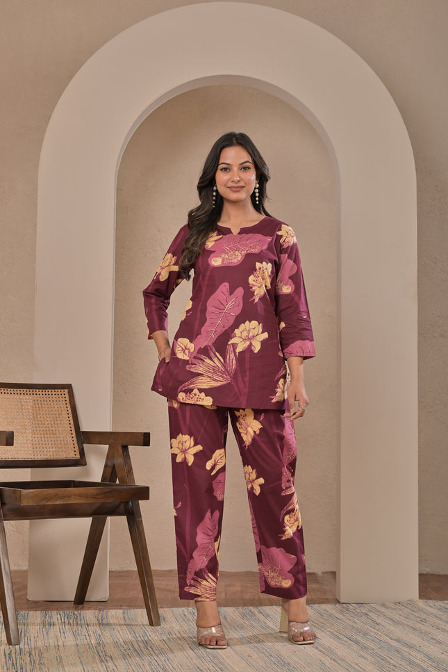 Wine Floral Straight Kurta Pant Set for Women