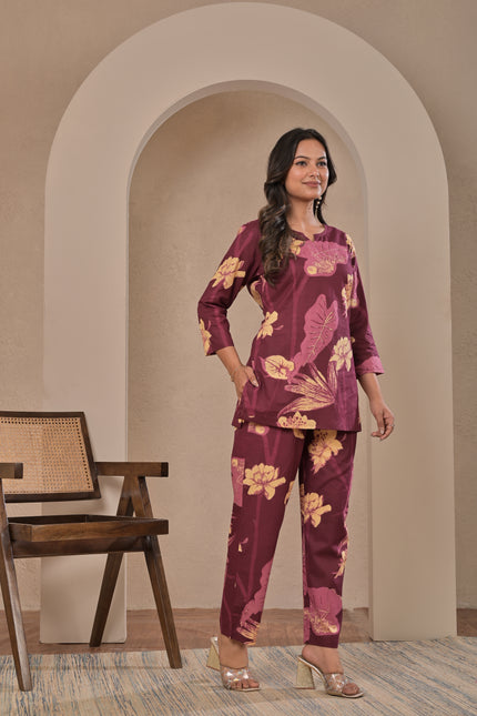 Wine Floral Straight Kurta Pant Set for Women