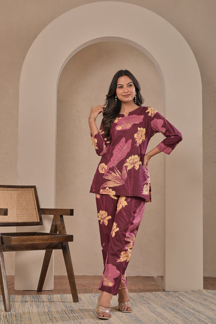 Wine Floral Straight Kurta Pant Set for Women