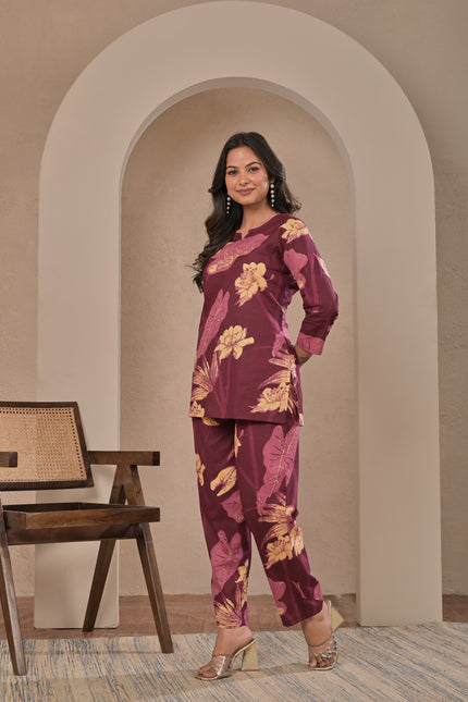 Wine Floral Straight Kurta Pant Set for Women