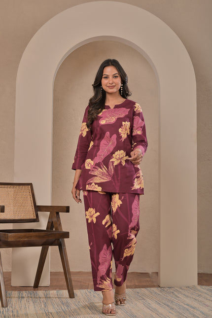 Wine Floral Straight Kurta Pant Set for Women