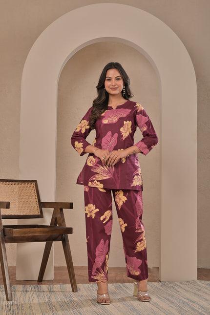 Wine Floral Straight Kurta Pant Set for Women