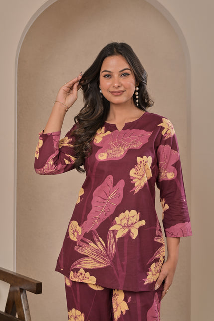 Wine Floral Straight Kurta Pant Set for Women