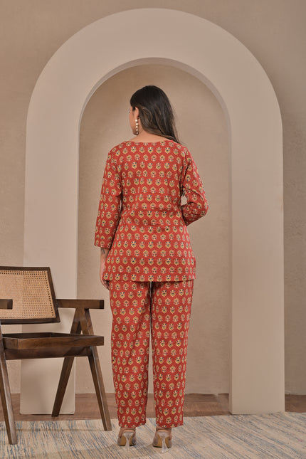 Rust Red Printed Kurta Pant Set for Women.