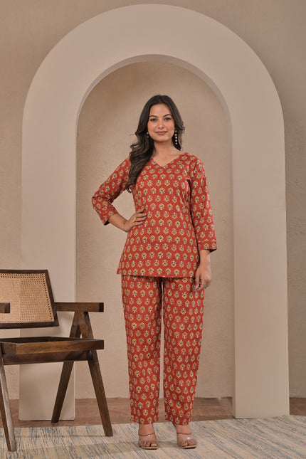 Rust Red Printed Kurta Pant Set for Women.