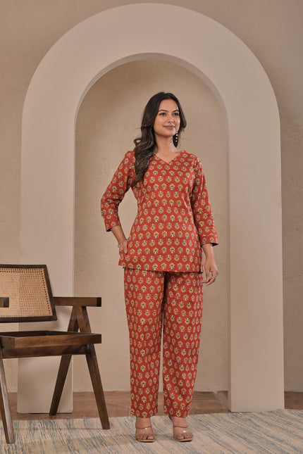 Rust Red Printed Kurta Pant Set for Women.