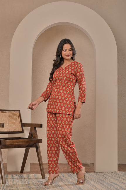 Rust Red Printed Kurta Pant Set for Women.