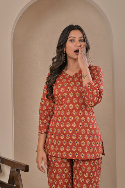 Rust Red Printed Kurta Pant Set for Women.