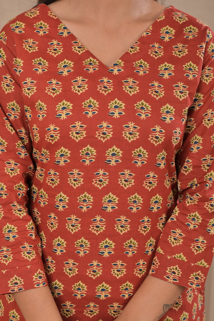 Rust Red Printed Kurta Pant Set for Women.
