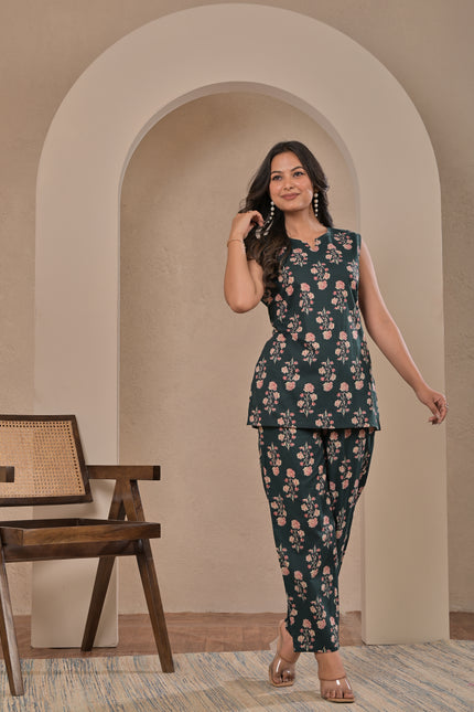 Dark Green Floral Sleeveless Kurta Pant Set for Women | Elegant Ethnic Co-Ord Set