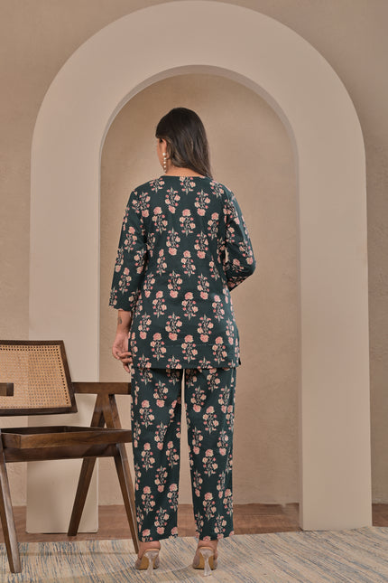 Dark Green Floral Sleeveless Kurta Pant Set for Women | Elegant Ethnic Co-Ord Set
