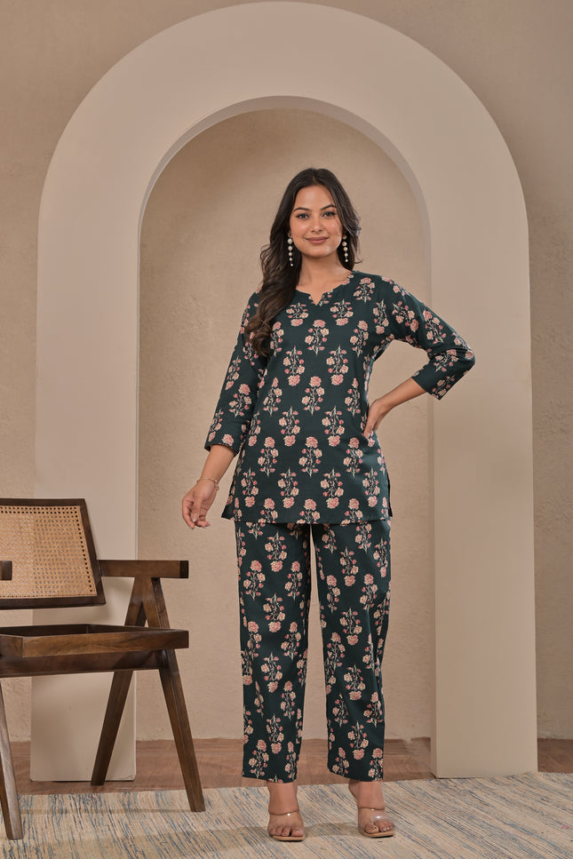 Dark Green Floral Sleeveless Kurta Pant Set for Women | Elegant Ethnic Co-Ord Set