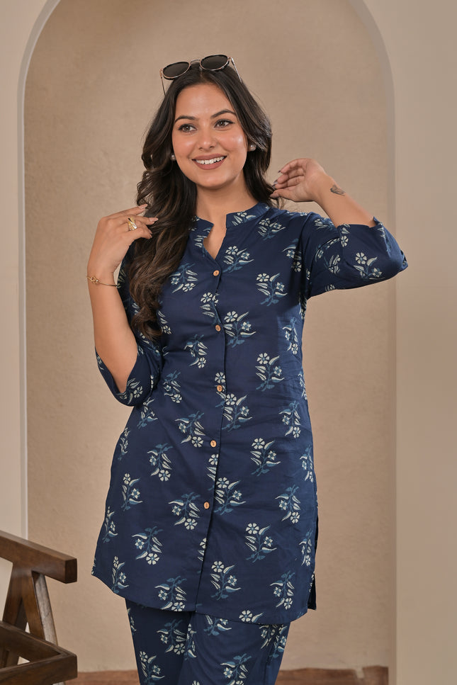Floral Printed Navy Blue Kurta Pant Set for Women