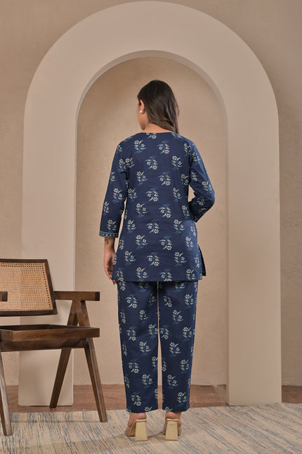 Floral Printed Navy Blue Kurta Pant Set for Women