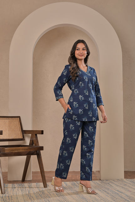 Floral Printed Navy Blue Kurta Pant Set for Women