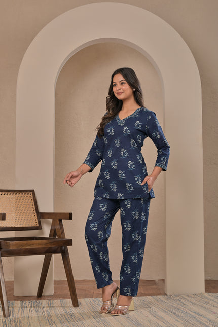Floral Printed Navy Blue Kurta Pant Set for Women