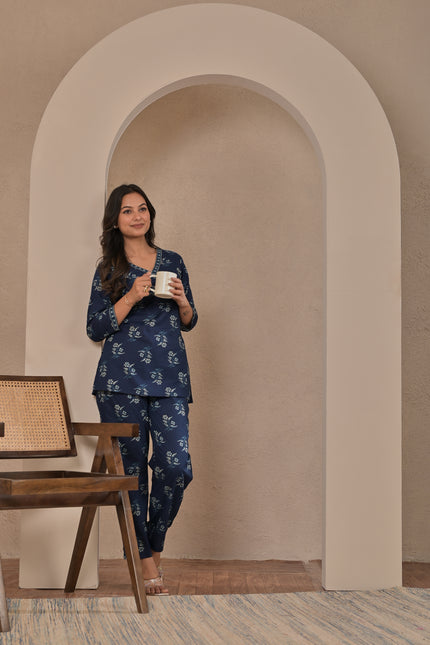 Floral Printed Navy Blue Kurta Pant Set for Women