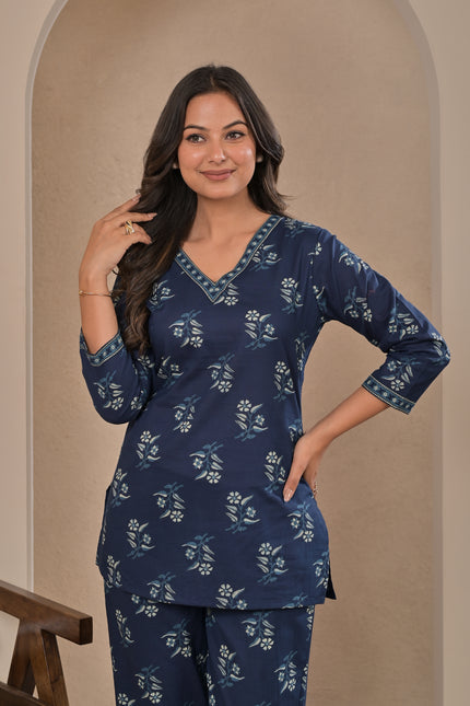 Floral Printed Navy Blue Kurta Pant Set for Women