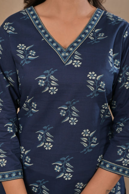 Floral Printed Navy Blue Kurta Pant Set for Women