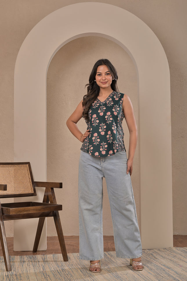 Dark Green Floral Ethnic Tunic Top for Women