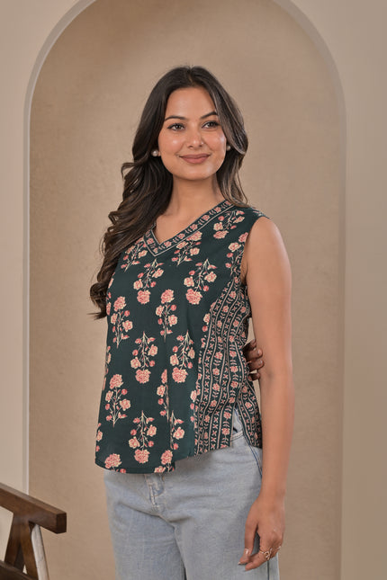Dark Green Floral Ethnic Tunic Top for Women