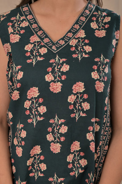 Dark Green Floral Ethnic Tunic Top for Women