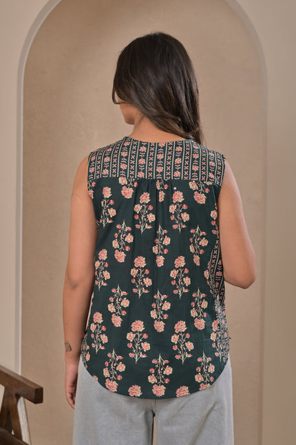 Dark Green Floral Ethnic Tunic Top for Women