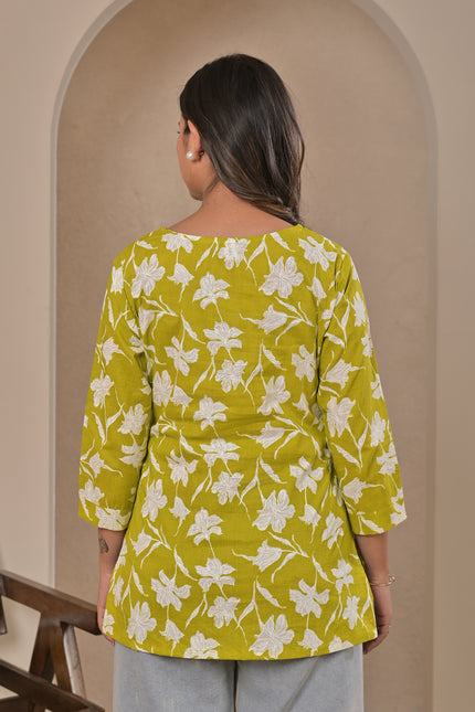Lime Green Floral Printed Kurta Top for Women