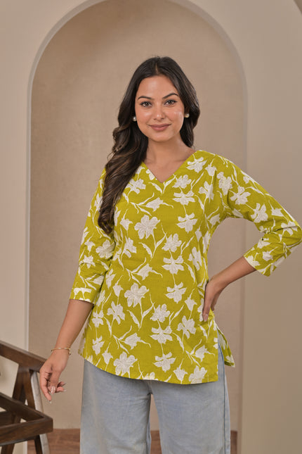 Lime Green Floral Printed Kurta Top for Women