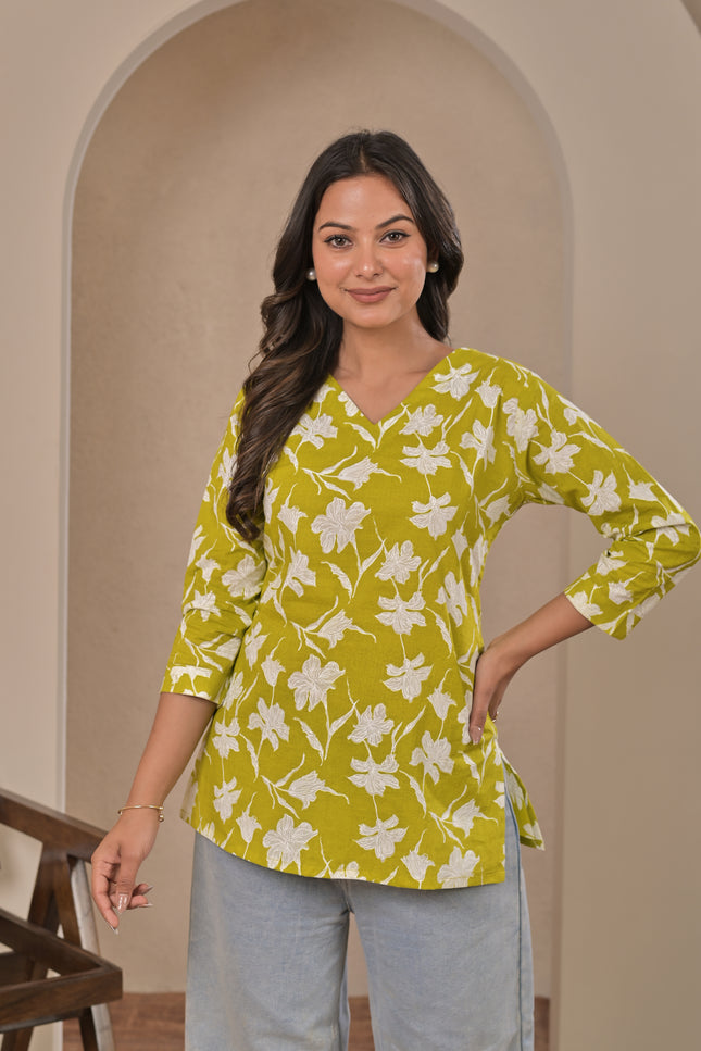 Lime Green Floral Printed Kurta Top for Women